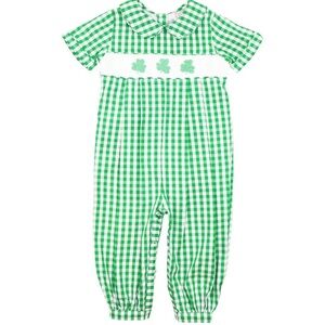 Green Check Smocked Shamrock Romper